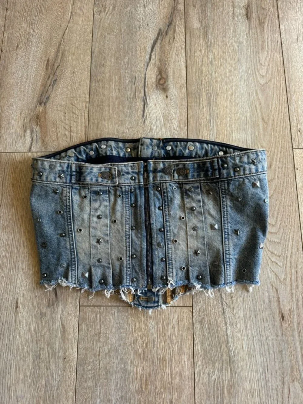 GUESS USA Silver Stud Embellished Gusa‎ Indigo Brown Tint Denim Corset Large